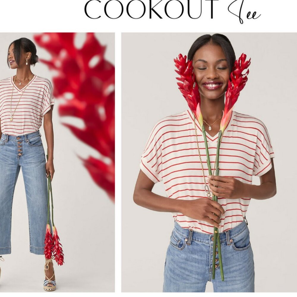 Cabi Cookout Tee style # 6400 White with Red Stripes xsmall - NEW